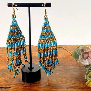 Seed Bead Chandelier Boho Earrings Turquoise Gold